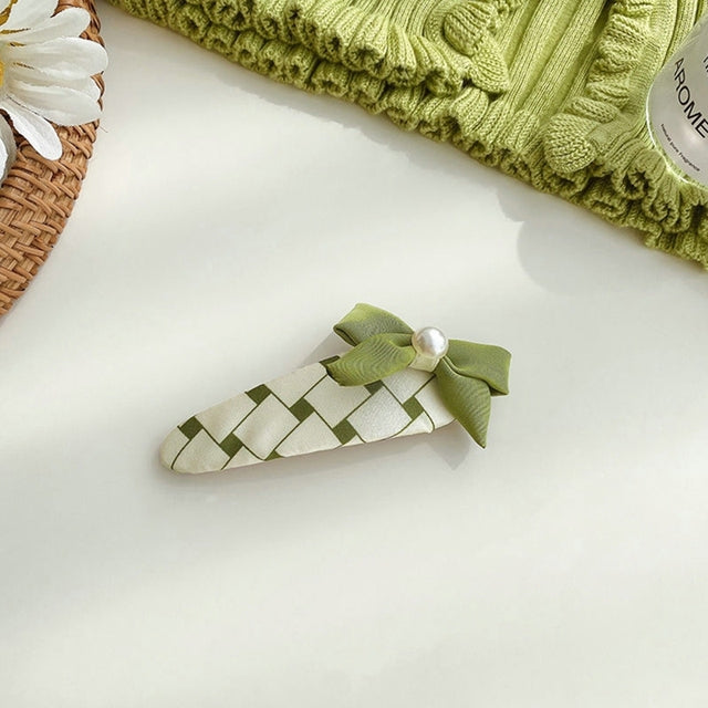 Matcha Bow Hair Ribbon with Pearl Pin - why so matcha.