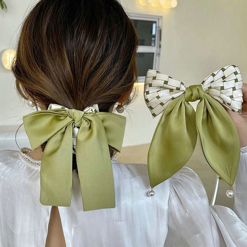 Matcha Bow Hair Ribbon with Pearl Pin - why so matcha.