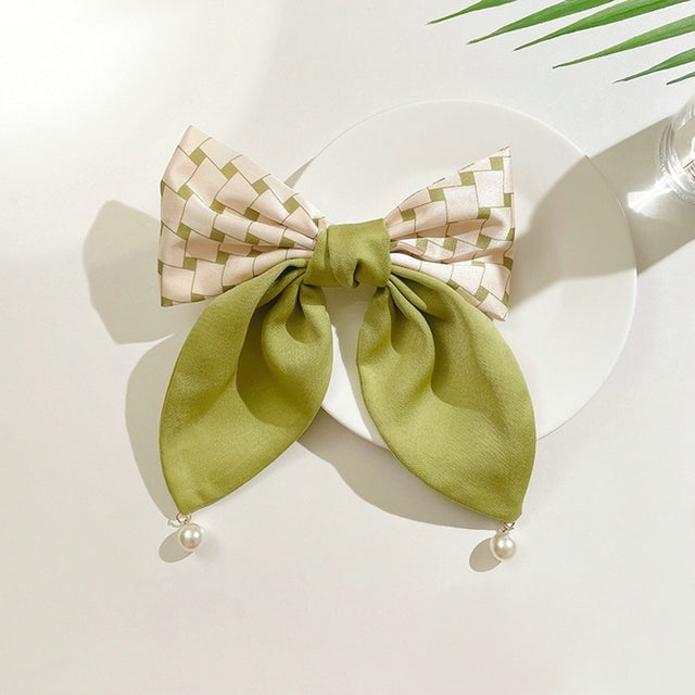 Matcha Bow Hair Ribbon with Pearl Pin - why so matcha.